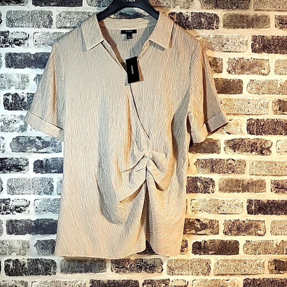 Womens Alfani Blouse Large Short Sleeved Neutral Tone Rouch Front Collar Busines